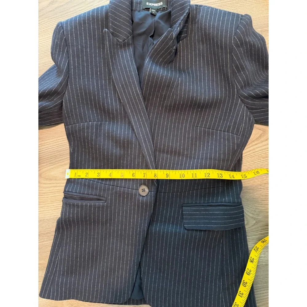 Express Womens Navy Pinstripe Skirt Suit Set Blazer XS Skirt Small Ruffle Trim
